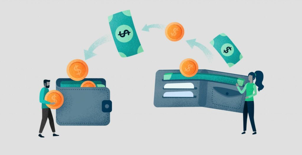 Illustration of money transfering from one wallet to another
