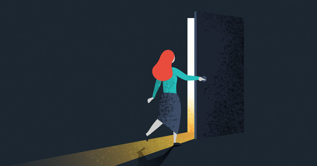 Illustration of a woman opening a door