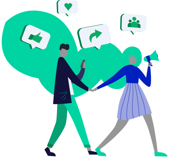 Two people walking with speech bubbles around their heads. The speech bubbles have icons with an arrow, people, thumbs up, and heart.