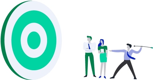 One business person shooting arrows at a big green target, with two bystanders.