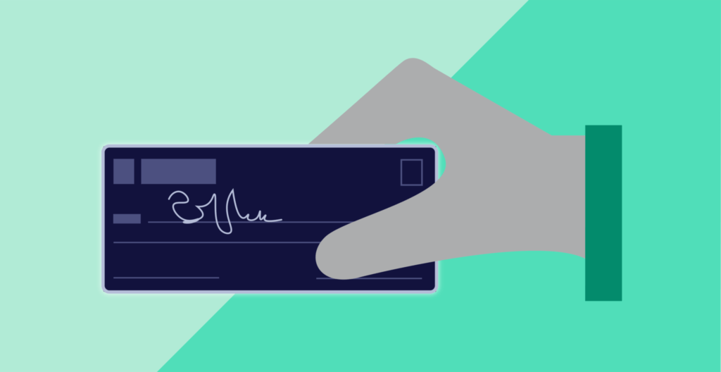 Illustration of a hand holding a check on a green background.