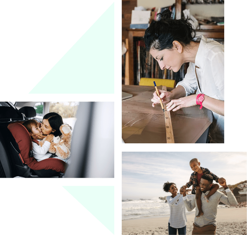Three images of people. A mom with her son in the car, a young family at the beach, and a person drawing with a ruler.