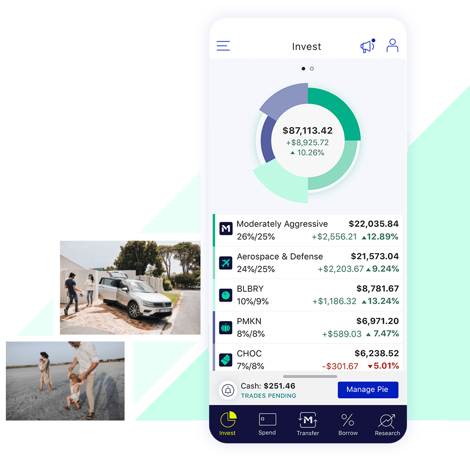 M1 Invest tab with images of a couple putting items into their silver car and a family spending time on the beach together