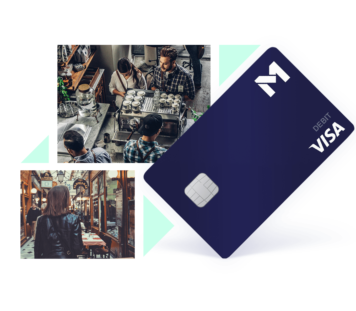 Blue M1 Debit Card on a Diagnol over images of people at a café