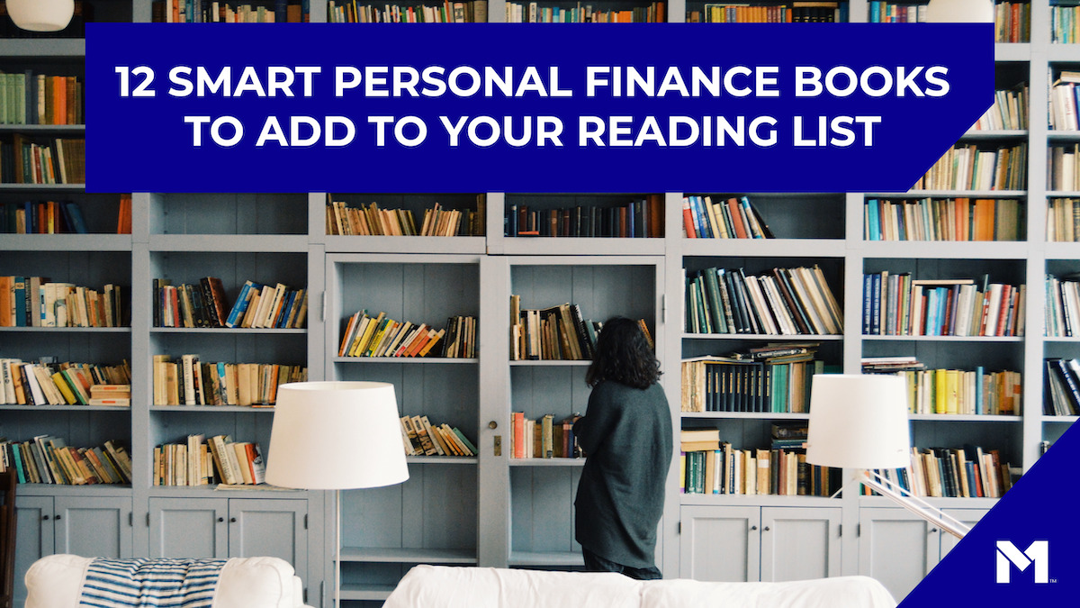 Woman looking at a full bookshelf. Text reads 12 smart personal finance books to add to your reading list.